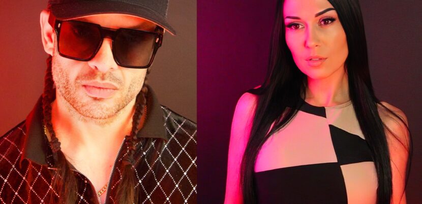 male and female dj in sunglasses with dark background black and white clothes and hat